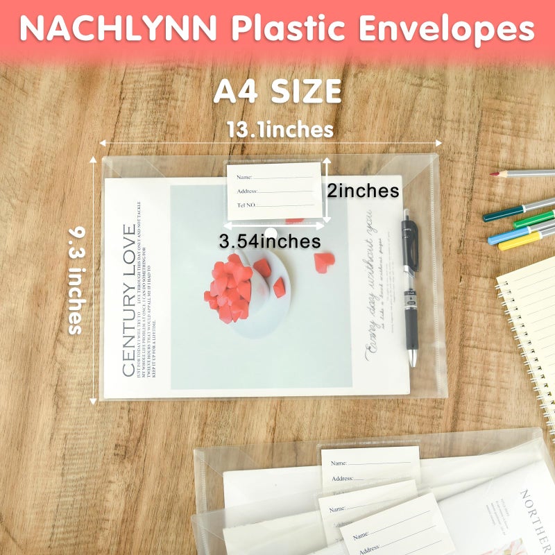 NACHLYNN ناتشلين 18 حزمة من الأظرف البلاستيكية، ملفات بلاستيكية مع إغلاق بالضغط، أظرف ملفات شفافة بحجم A4 مع ملصقات لتنظيم الوثائق للمكتب والمنزل والعمل. - Image 2