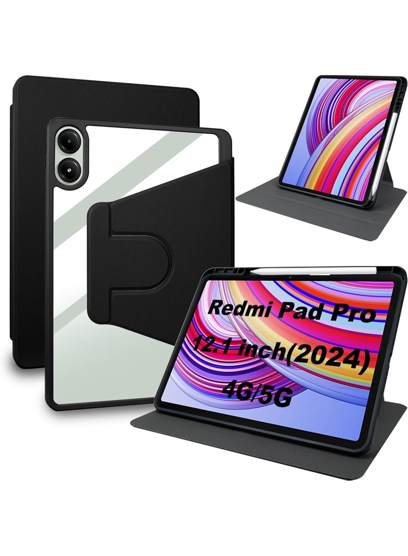 بوينوس جراب دوار لجهاز Redmi Pad Pro مقاس 12.1 بوصة / Poco Pad مقاس 12.1 بوصة مع حامل قلم، غطاء ثلاثي الطي، ظهر شفاف (أسود) - Image 1