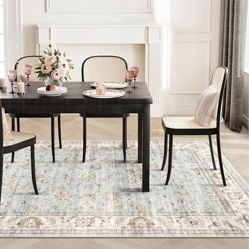 WITSHOCK 5x7 Washable Area Rug, Vintage Rug Traditional Floor Cover, Boho for Living Room Bedroom Kitchen Accent, Non-Slip Stain Low Pile Resistant Floor Carpet, Light Blue - Image 4
