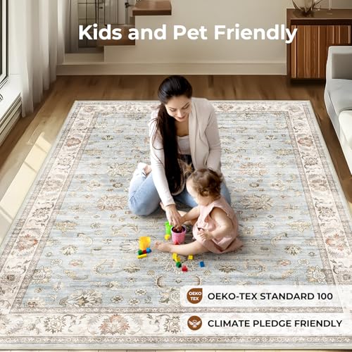 WITSHOCK 5x7 Washable Area Rug, Vintage Rug Traditional Floor Cover, Boho for Living Room Bedroom Kitchen Accent, Non-Slip Stain Low Pile Resistant Floor Carpet, Light Blue - Image 3