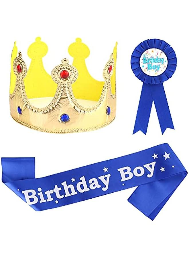 Birthday Boy Costume Headwear, Crown, Sash and Button Pin - Dress-Up Set for Boys Birthday Party Decoration 