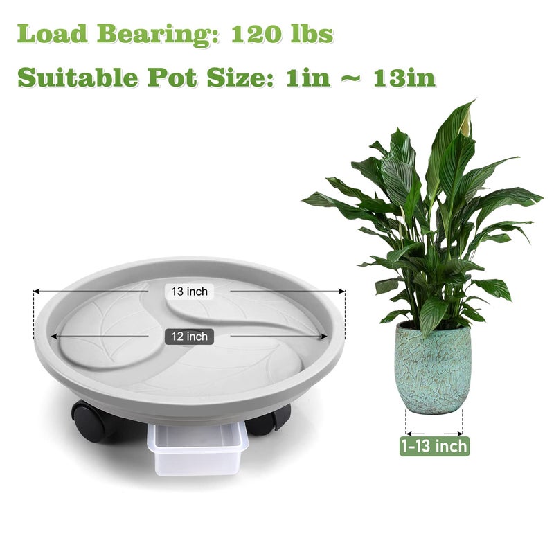 Looca Plant Caddy with Wheels and Drainage Tray, 13â€Rolling Plant Stand Flower Pot Mover, Planter Caddies Round Plant Dolly for Heavy Duty Planter, 3 Pack, Bearing 120 lbs (Grey) - Image 2