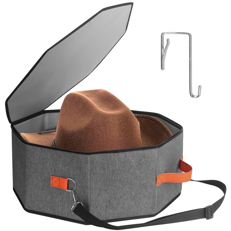 kushon Hat Storage Box for Women Men Hardboard Support Cowboy Hat Boxes with 1 Door Hook Hat Organizer for TravelGrey