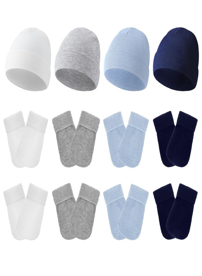 Hercicy 4 Pack Preemie Hat and Mitten Socks Set Cotton Preemie Beanie No Scratch Baby Mitten Nicu Hospital Hat for Boy Girl(White, Light Gray, Light Blue, Dark Blue) - Image 1