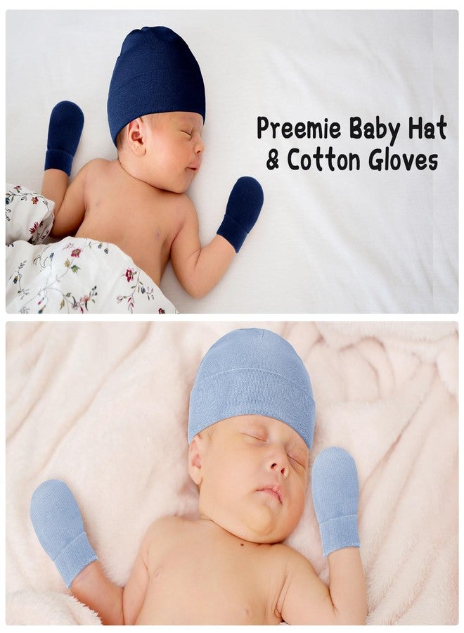 Hercicy 4 Pack Preemie Hat and Mitten Socks Set Cotton Preemie Beanie No Scratch Baby Mitten Nicu Hospital Hat for Boy Girl(White, Light Gray, Light Blue, Dark Blue) - Image 5