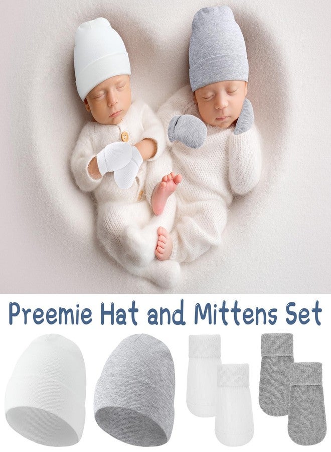 Hercicy 4 Pack Preemie Hat and Mitten Socks Set Cotton Preemie Beanie No Scratch Baby Mitten Nicu Hospital Hat for Boy Girl(White, Light Gray, Light Blue, Dark Blue) - Image 3