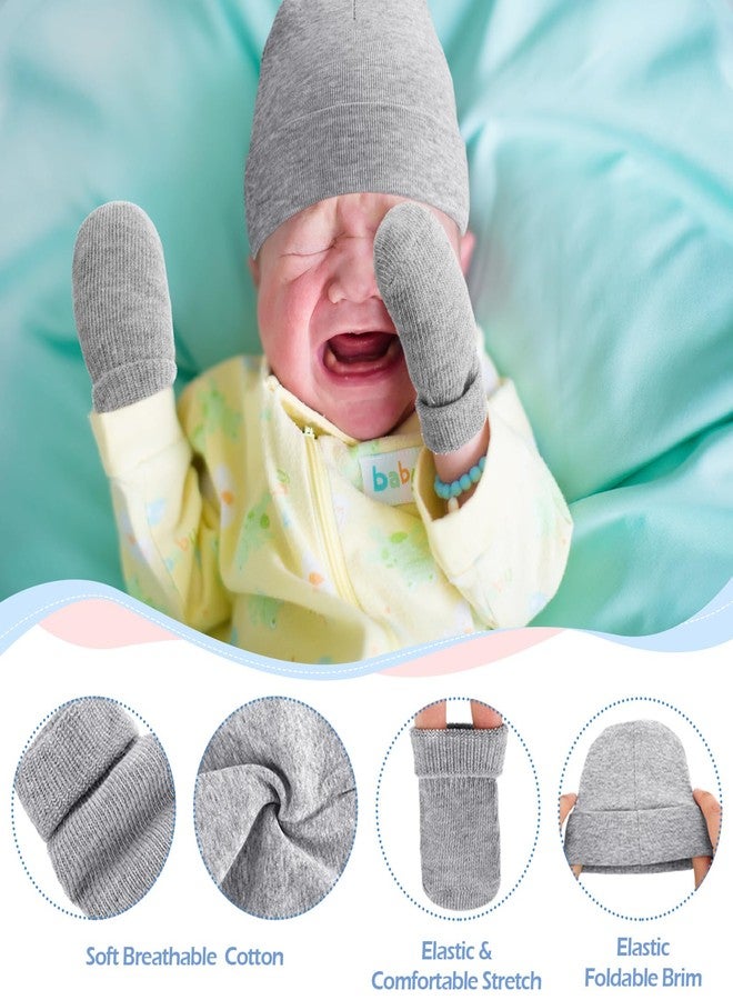 Hercicy 4 Pack Preemie Hat and Mitten Socks Set Cotton Preemie Beanie No Scratch Baby Mitten Nicu Hospital Hat for Boy Girl(White, Light Gray, Light Blue, Dark Blue) - Image 4
