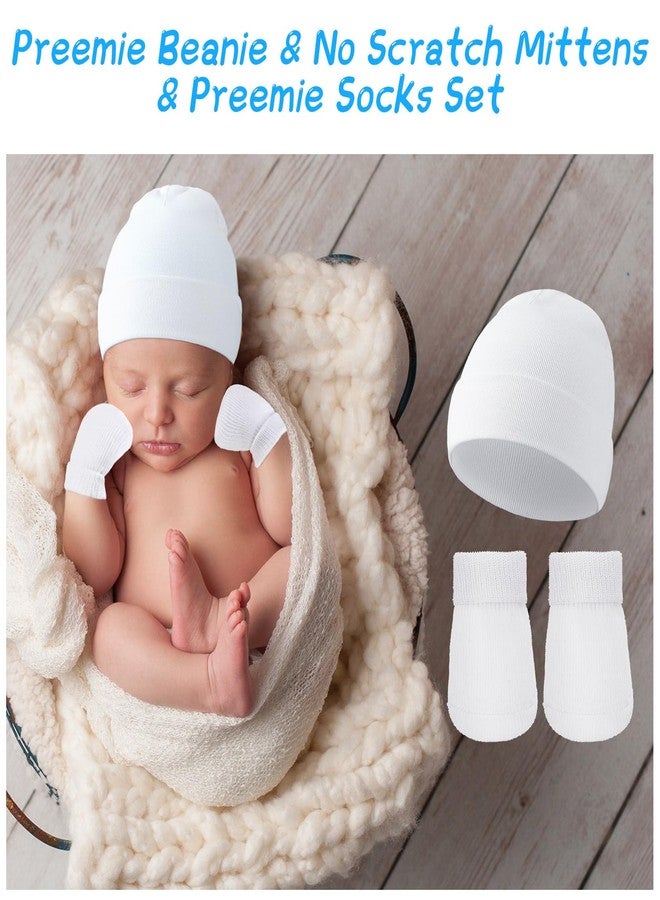 Hercicy 4 Pack Preemie Hat and Mitten Socks Set Cotton Preemie Beanie No Scratch Baby Mitten Nicu Hospital Hat for Boy Girl(White, Light Gray, Light Blue, Dark Blue) - Image 2