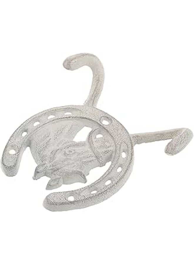 Double Horse Head Coat Key Hanger Wall Hook Cast Iron Rustic White Decor - Image 1