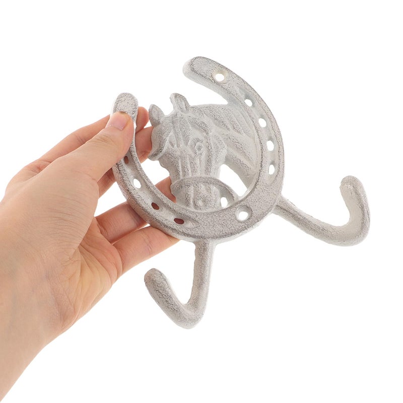 Double Horse Head Coat Key Hanger Wall Hook Cast Iron Rustic White Decor - Image 5