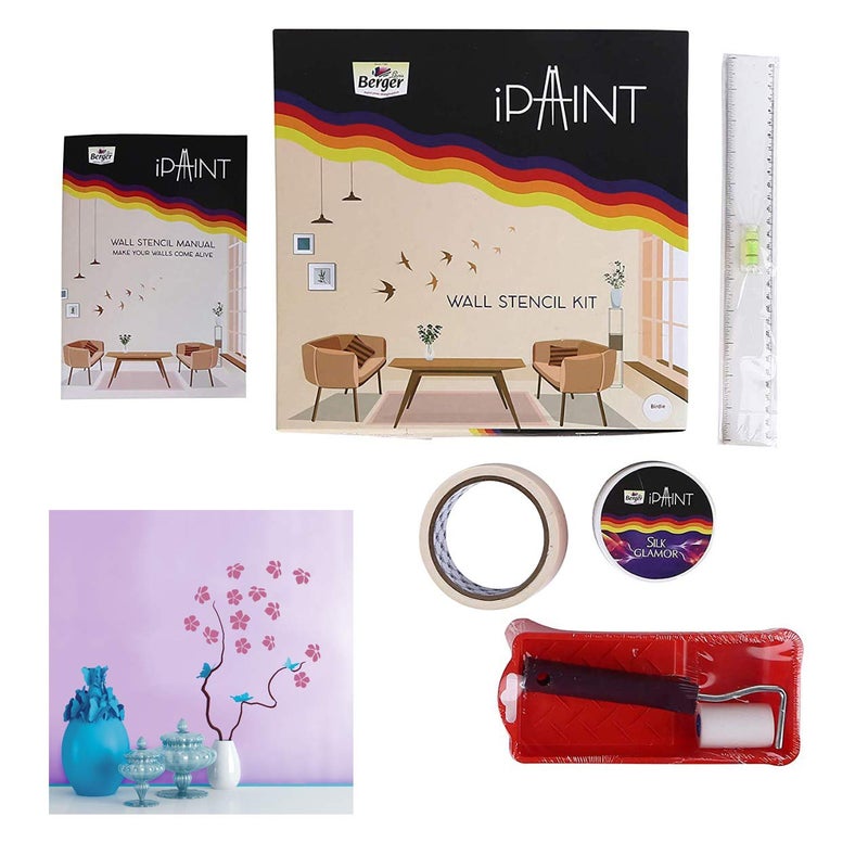 Berger iPaint DIY Wall Flora Stencil Painting Kit 2 Foam Roller Painting Tray 200 ml Silk Glamor Paint Tight Embrace Stencil Set Masking Tape Leveller Scale DOU Booklet Multicolor - Image 1