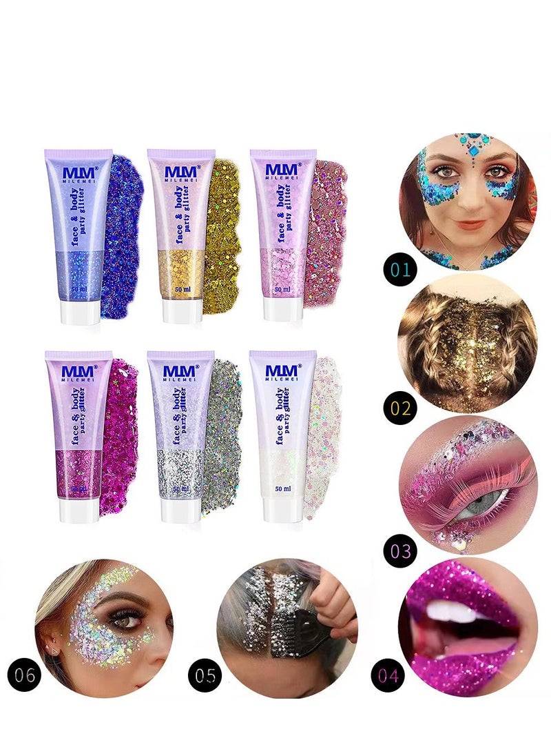 MILEMEI - Glitter Body Gel Festival Glitter Cosmetic Face Hair Nails Makeup Mermaid Sequins Liquid Eyeshadow Long Lasting Sparkling 50 ml (pack of 6) - Image 1