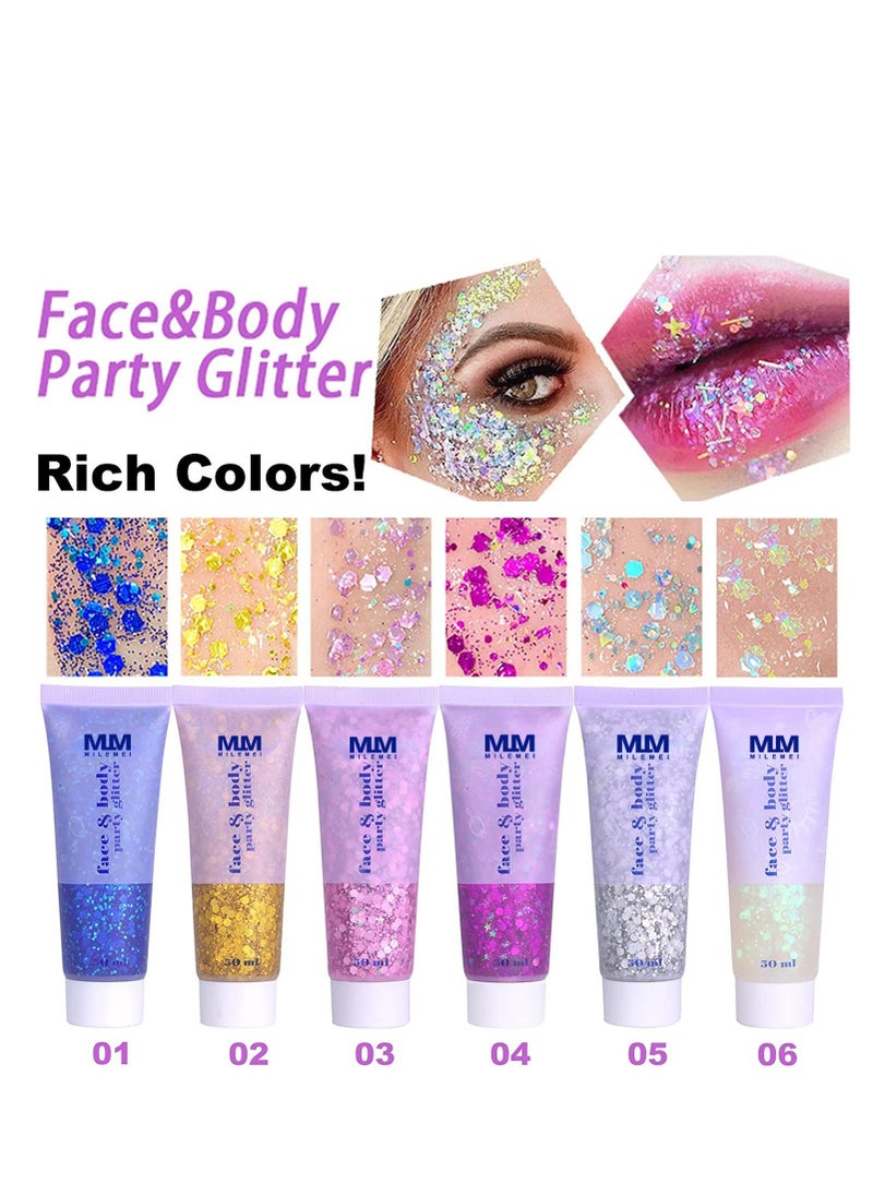 MILEMEI - Glitter Body Gel Festival Glitter Cosmetic Face Hair Nails Makeup Mermaid Sequins Liquid Eyeshadow Long Lasting Sparkling 50 ml (pack of 6) - Image 1