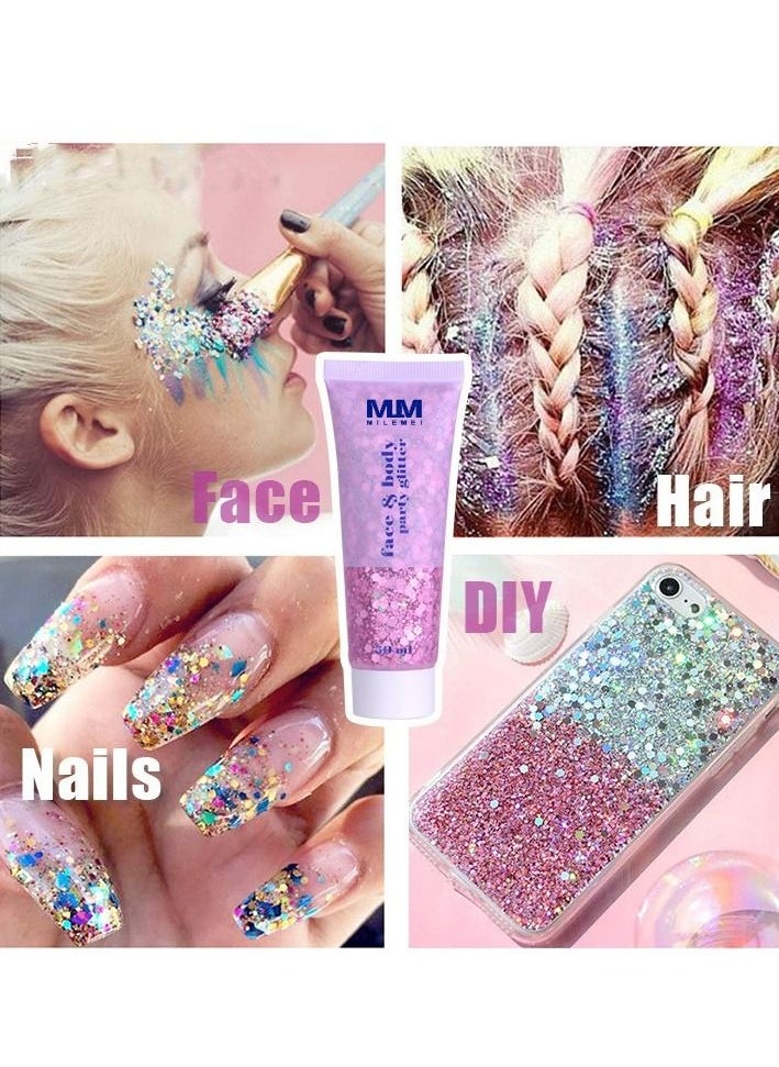 MILEMEI - Glitter Body Gel Festival Glitter Cosmetic Face Hair Nails Makeup Mermaid Sequins Liquid Eyeshadow Long Lasting Sparkling 50 ml (pack of 6) - Image 1
