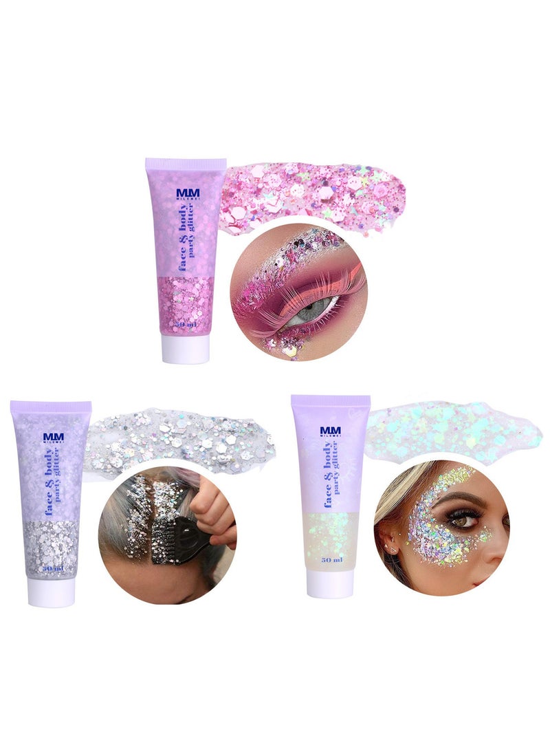 MILEMEI - Glitter Body Gel Festival Glitter Cosmetic Face Hair Nails Makeup Mermaid Sequins Liquid Eyeshadow Long Lasting Sparkling 50 ml (pack of 6) - Image 1