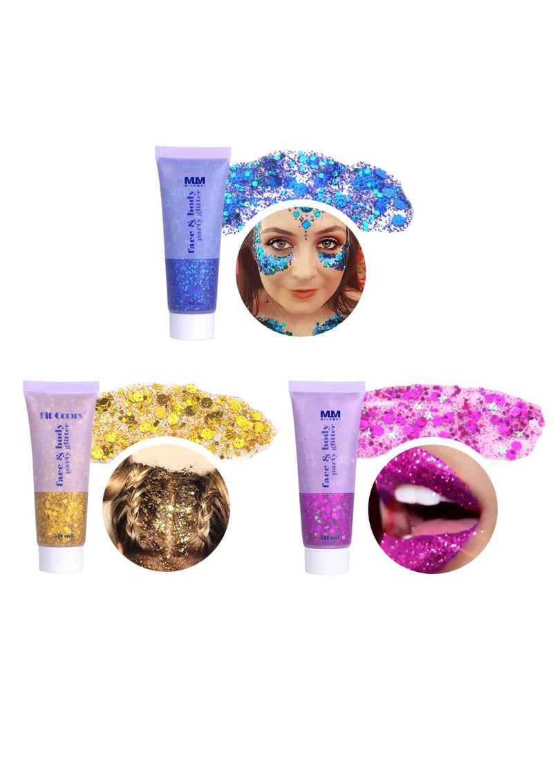 MILEMEI - Glitter Body Gel Festival Glitter Cosmetic Face Hair Nails Makeup Mermaid Sequins Liquid Eyeshadow Long Lasting Sparkling 50 ml (pack of 6) - Image 1
