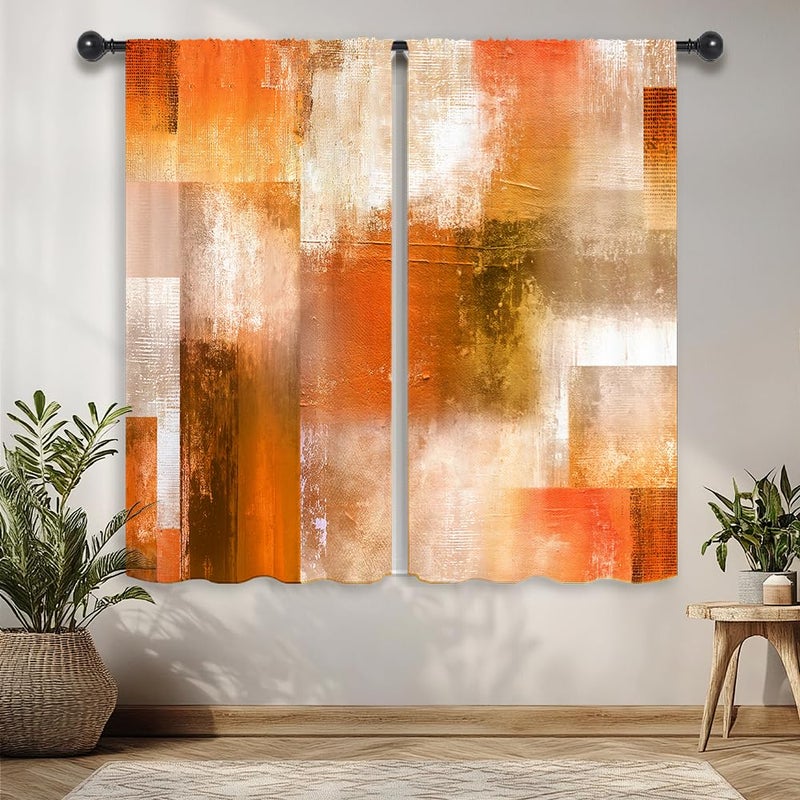 Riyidecor Burnt Orange Abstract Modern Curtains Cool Mens Aesthetic Colorful Oil Painting Checkered Multicolor Brown Rod Pocket Bedroom Retro Rustic Living Room Treatment Fabric 2 Panels 42Wx63H Inch - Image 1