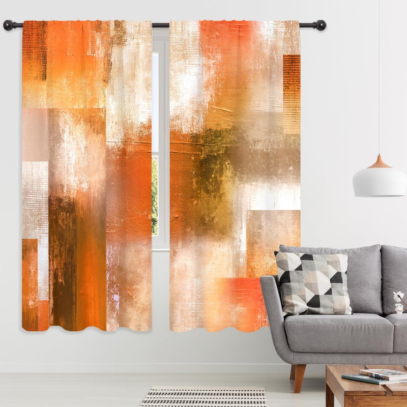 Riyidecor Burnt Orange Abstract Modern Curtains Cool Mens Aesthetic Colorful Oil Painting Checkered Multicolor Brown Rod Pocket Bedroom Retro Rustic Living Room Treatment Fabric 2 Panels 42Wx63H Inch - Image 3