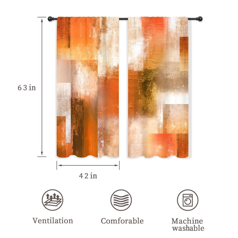 Riyidecor Burnt Orange Abstract Modern Curtains Cool Mens Aesthetic Colorful Oil Painting Checkered Multicolor Brown Rod Pocket Bedroom Retro Rustic Living Room Treatment Fabric 2 Panels 42Wx63H Inch - Image 2