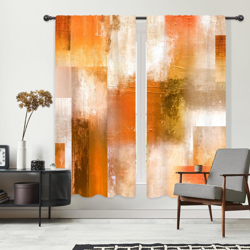 Riyidecor Burnt Orange Abstract Modern Curtains Cool Mens Aesthetic Colorful Oil Painting Checkered Multicolor Brown Rod Pocket Bedroom Retro Rustic Living Room Treatment Fabric 2 Panels 42Wx63H Inch - Image 4