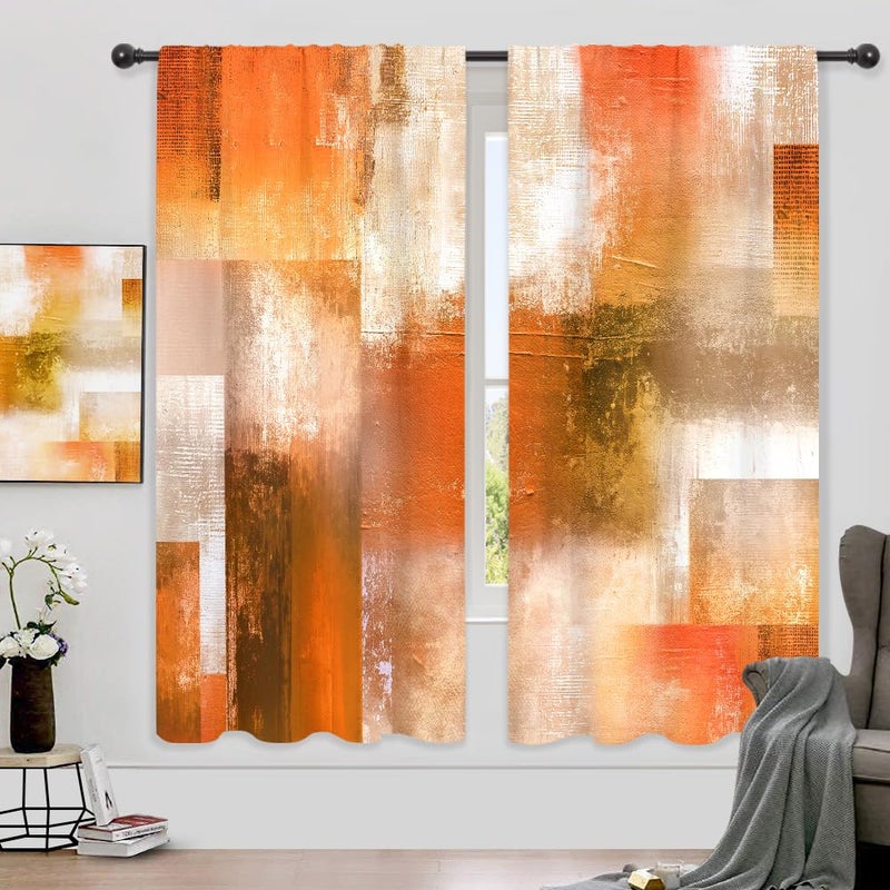 Riyidecor Burnt Orange Abstract Modern Curtains Cool Mens Aesthetic Colorful Oil Painting Checkered Multicolor Brown Rod Pocket Bedroom Retro Rustic Living Room Treatment Fabric 2 Panels 42Wx63H Inch - Image 5
