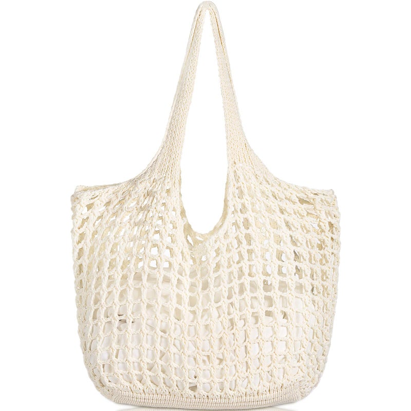 WantGor Crochet Bags, Beach Mesh Tote Bag Womens Shoulder Shopping Handbag Casual Travel Totes Bag Foldable Hobo Bags (Cream) - Image 1