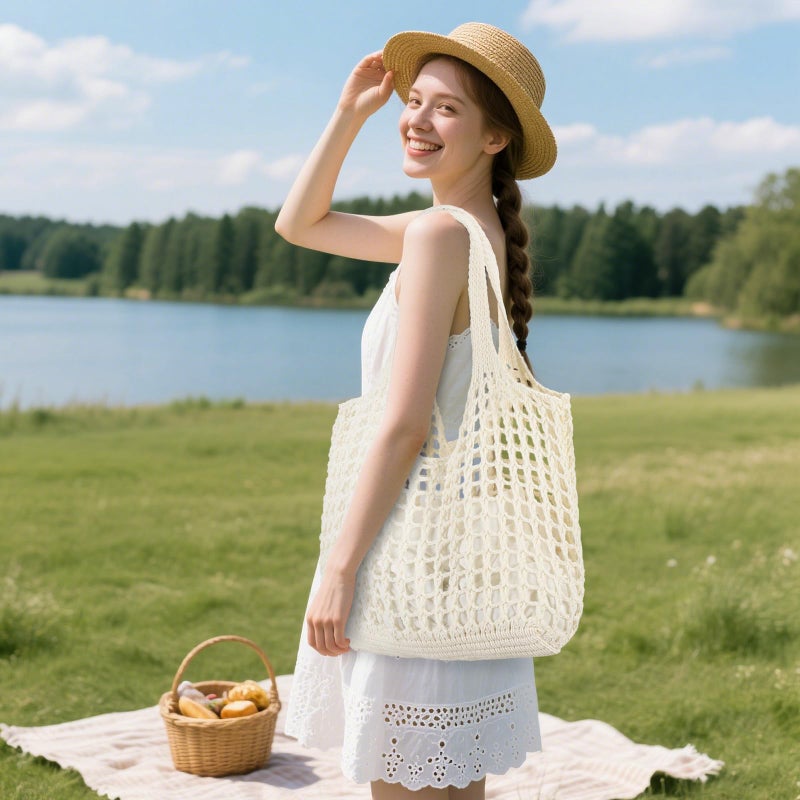 WantGor Crochet Bags, Beach Mesh Tote Bag Womens Shoulder Shopping Handbag Casual Travel Totes Bag Foldable Hobo Bags (Cream) - Image 3