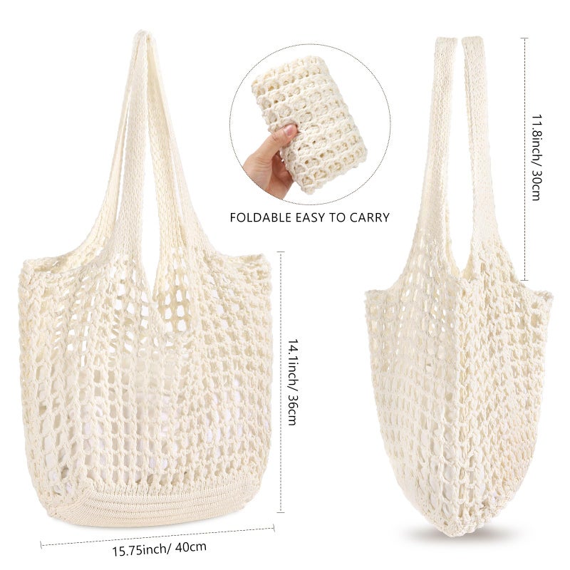 WantGor Crochet Bags, Beach Mesh Tote Bag Womens Shoulder Shopping Handbag Casual Travel Totes Bag Foldable Hobo Bags (Cream) - Image 4