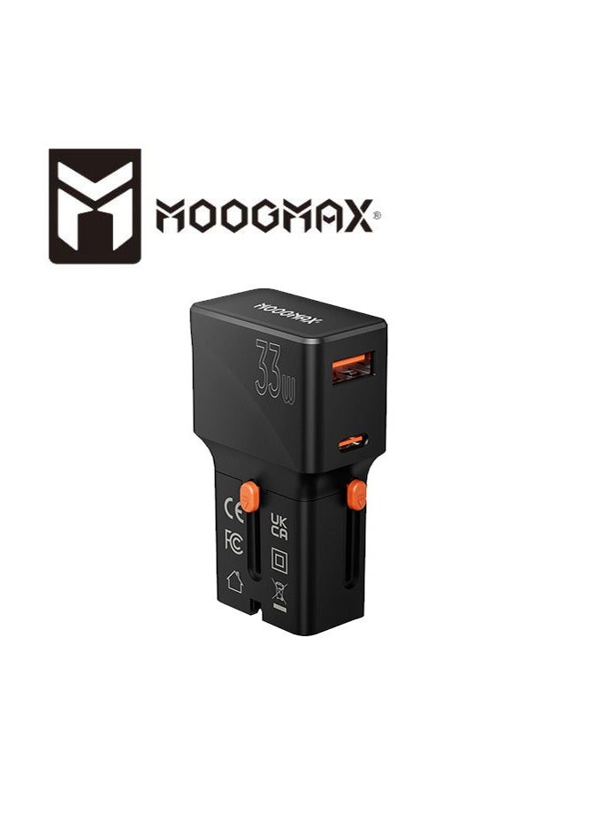 موجماكس شاحن سفر عالمي صغير الحجم من مووج ماكس MX1 بقوة 33 واط | محول شحن سريع ثنائي المنفذ USB-A وUSB-C بتقنية PD | حل طاقة خفيف الوزن وعالي السرعة للهواتف الذكية والأجهزة اللوحية والأجهزة الإلكترونية 