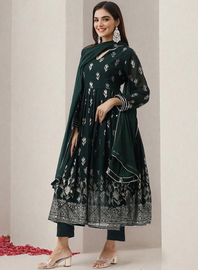 ISHIN Women's Bottle Green Georgette Embroidered Tunic Full Length Palazzo Straight Fit Kurta Set  - Image 5