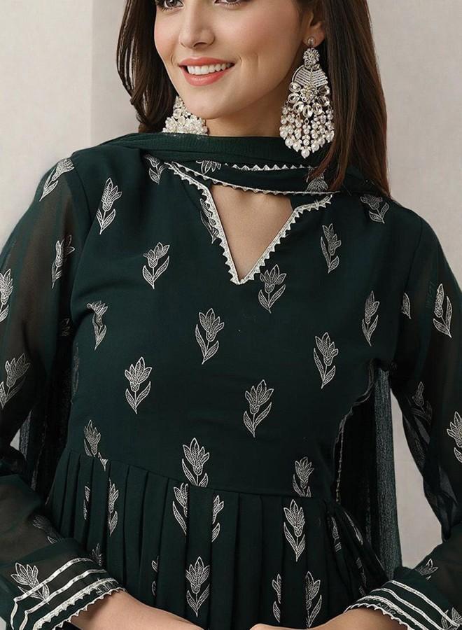 ISHIN Women's Bottle Green Georgette Embroidered Tunic Full Length Palazzo Straight Fit Kurta Set  - Image 2