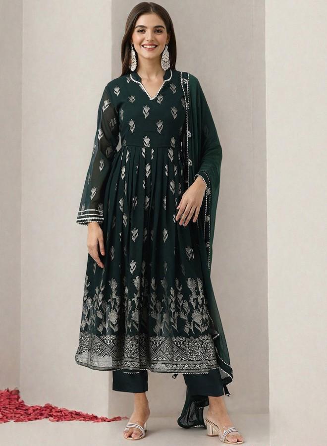 ISHIN Women's Bottle Green Georgette Embroidered Tunic Full Length Palazzo Straight Fit Kurta Set  - Image 1