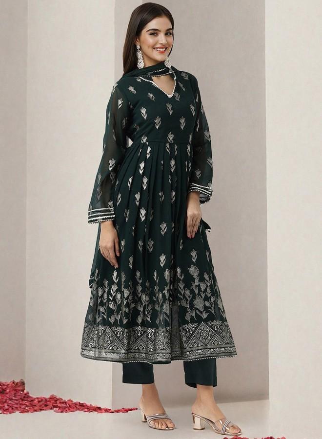 ISHIN Women's Bottle Green Georgette Embroidered Tunic Full Length Palazzo Straight Fit Kurta Set  - Image 3