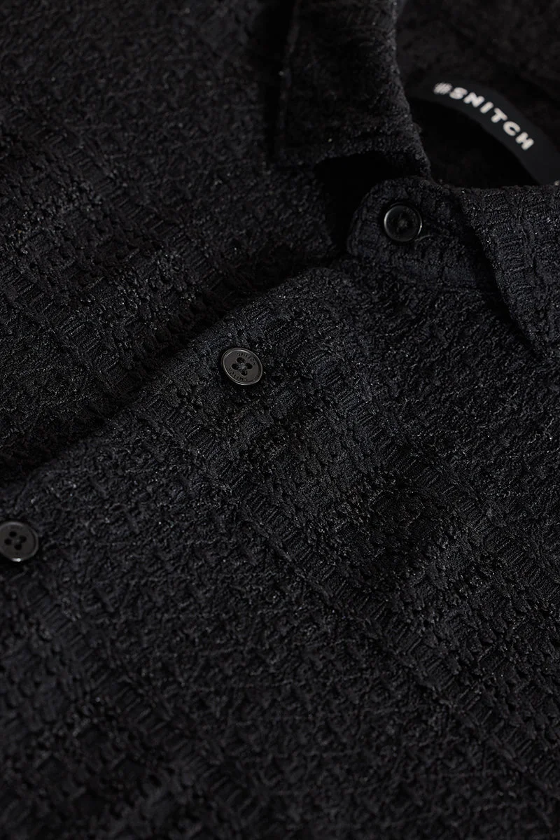SNITCH Black Textured Long Sleeve Slim Fit Casual Shirt