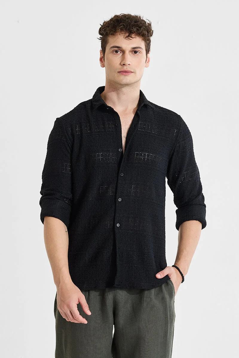 SNITCH Black Textured Long Sleeve Slim Fit Casual Shirt