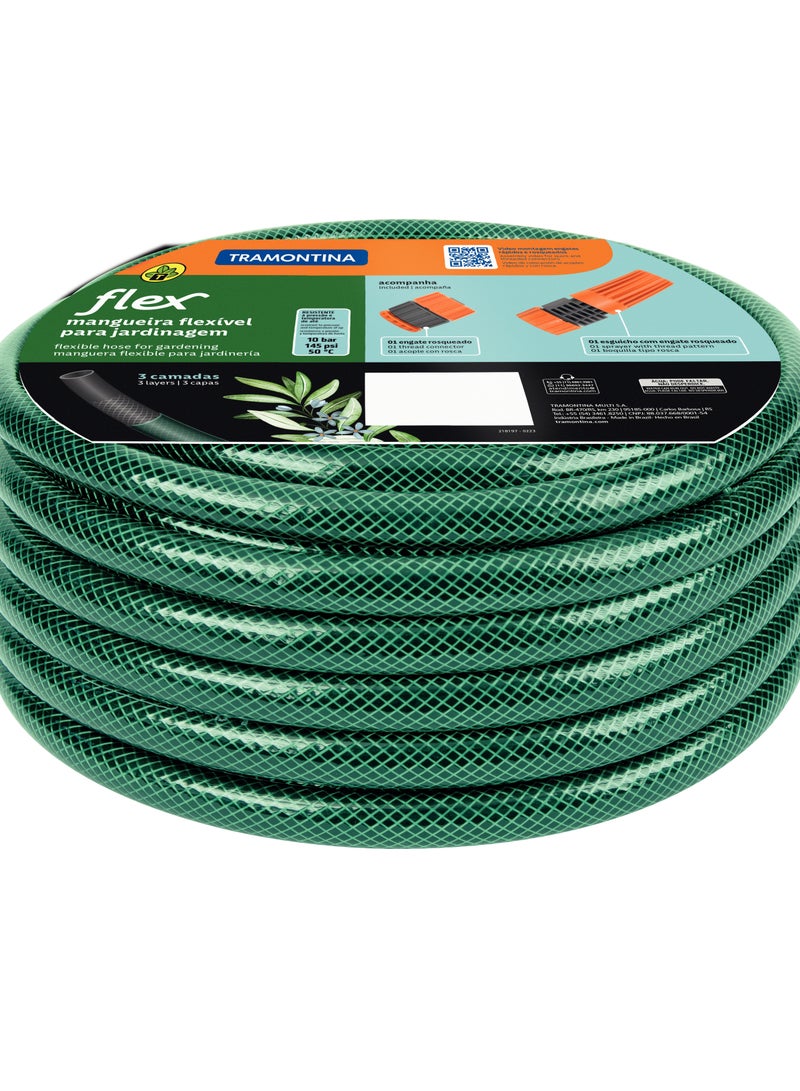 Tramontina 20m Flex Garden Hose in Green with 3-Layers PVC Fiber and Braided Polyester Cord with Thread Connectors and Sprayer 79172200 Made In Brazil - Image 1