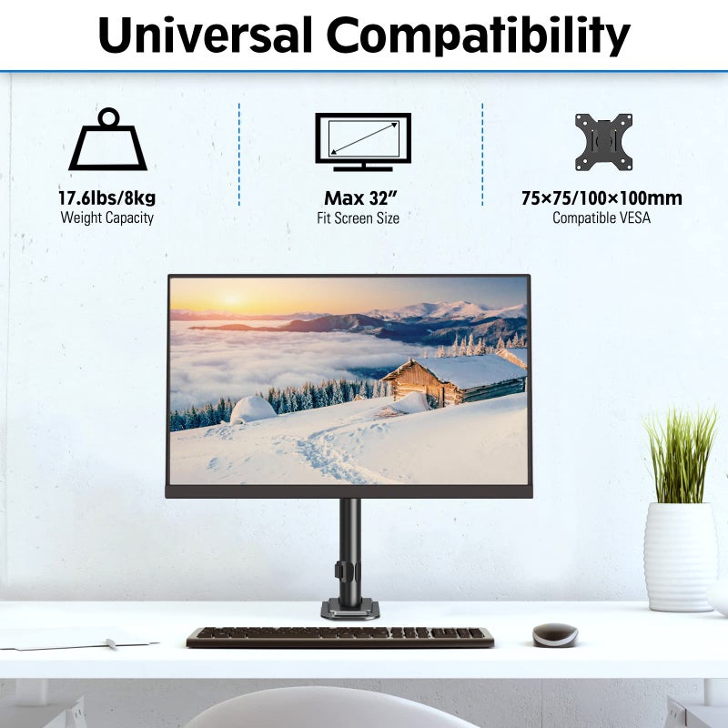 MOUNTUP Single Monitor Mount, Adjustable Monitor Stand for Max 32 Inch Flat Curved Computer Screen, Monitors Arm Desk Mount Fit VESA 75x75& 100x100, up to 17.6lbs, with C-Clamp and Grommet Base, Black - Image 2