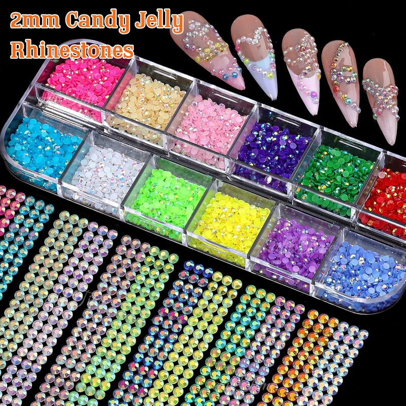 editTime 5 Boxes Bright Colorful Nail Art Rhinestones Kit Crystals Ab Flatback Jelly Mermaid Pearl Rhinestones Stones Gems with Pick Up Pen and Curved Tweezers (2mm) - Image 2