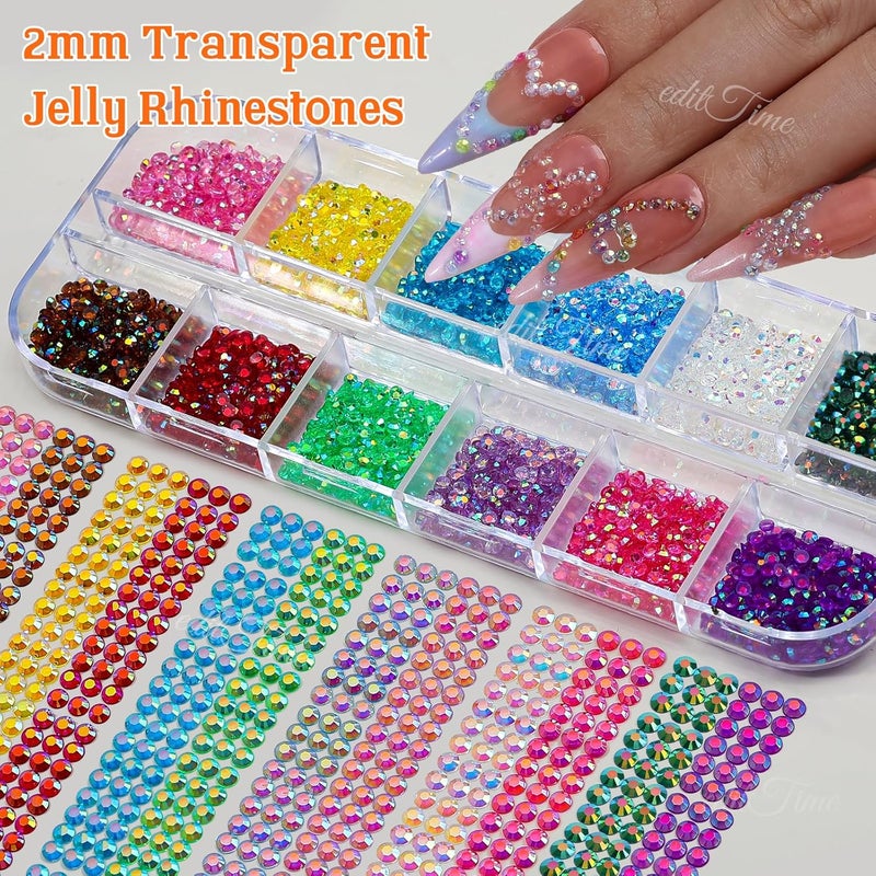 editTime 5 Boxes Bright Colorful Nail Art Rhinestones Kit Crystals Ab Flatback Jelly Mermaid Pearl Rhinestones Stones Gems with Pick Up Pen and Curved Tweezers (2mm) - Image 4