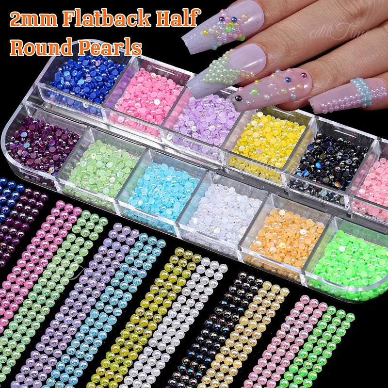 editTime 5 Boxes Bright Colorful Nail Art Rhinestones Kit Crystals Ab Flatback Jelly Mermaid Pearl Rhinestones Stones Gems with Pick Up Pen and Curved Tweezers (2mm) - Image 3