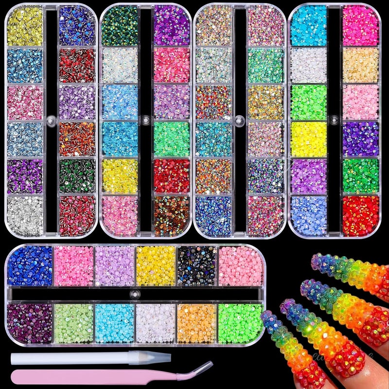 editTime 5 Boxes Bright Colorful Nail Art Rhinestones Kit Crystals Ab Flatback Jelly Mermaid Pearl Rhinestones Stones Gems with Pick Up Pen and Curved Tweezers (2mm) - Image 1