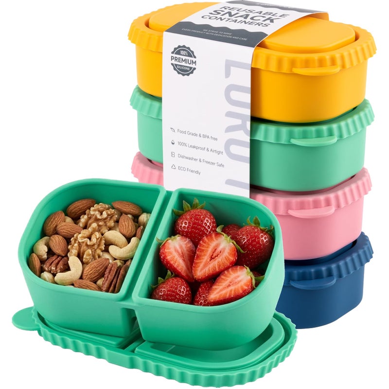 LOROTOCO 4 Pack Silicone Reusable Snack Containers with Lids - 8 oz Double Compartment Snackle Box for Kids & Adults, BPA-Free & Leakproof, Small for Dressing, School, Office - Image 1