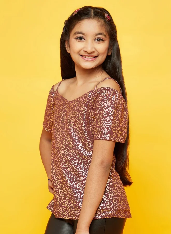 AKS Burgundy Floral Printed Cold-Shoulder Top for Girls