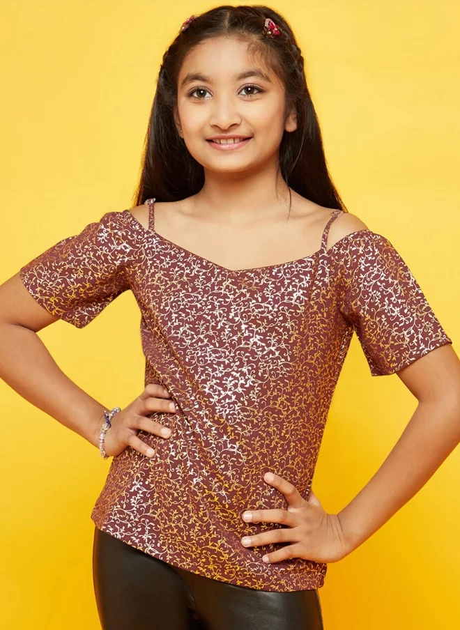 AKS Burgundy Floral Printed Cold-Shoulder Top for Girls