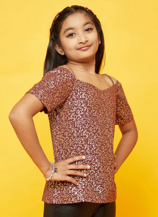 AKS Burgundy Floral Printed Cold-Shoulder Top for Girls