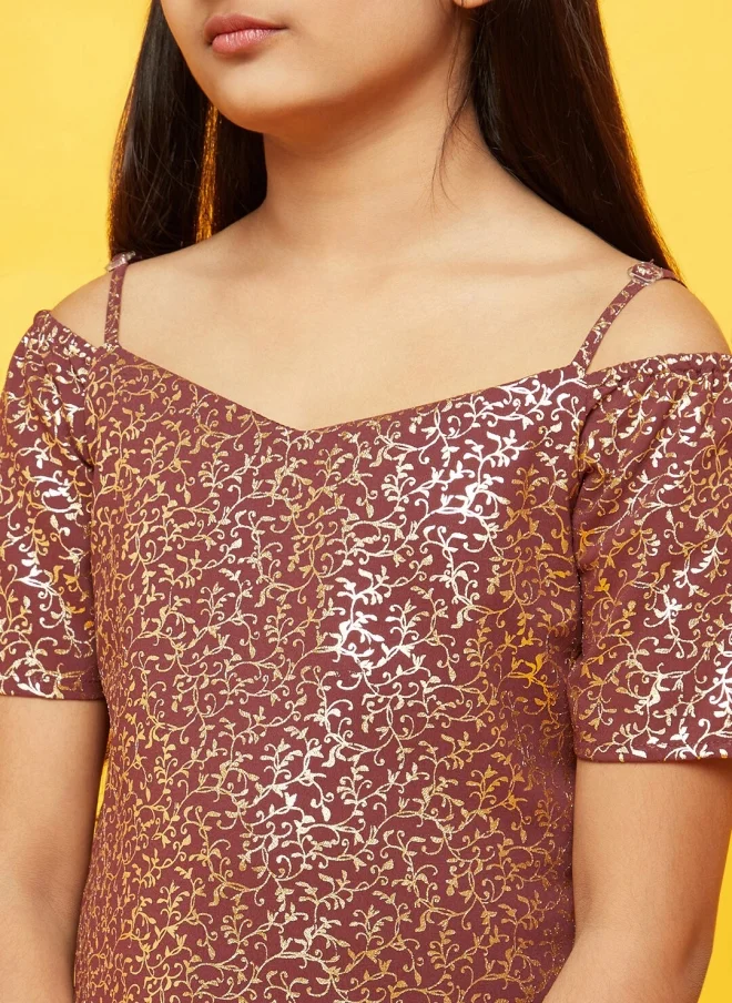 AKS Burgundy Floral Printed Cold-Shoulder Top for Girls