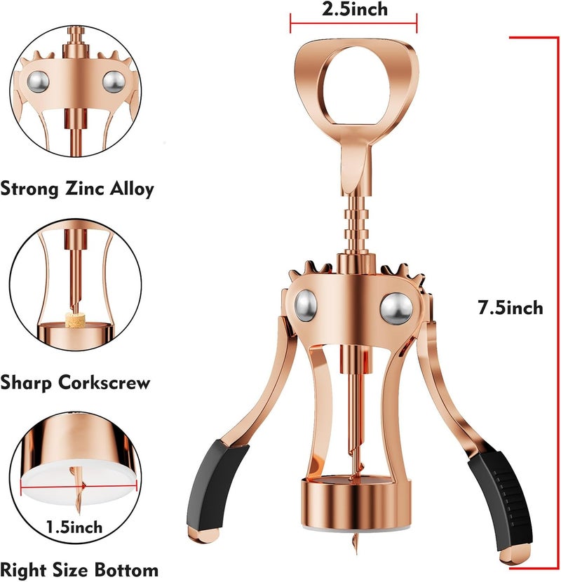 KORCCI Wine Opener, Heavy-Duty Zinc Alloy Wing Corkscrew, Premium Beer Bottle Opener, Multifunctional Wine Accessories with Ergonomic Handle and Sharp Screw, for Kitchen, Bar, Restaurant (Rose Gold) - Image 1