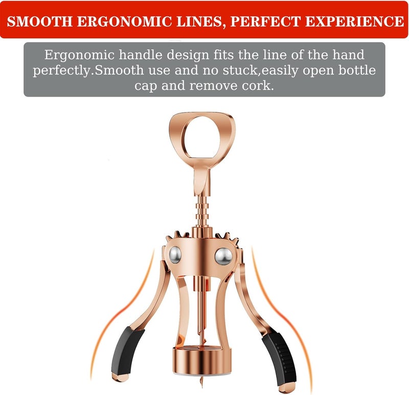 KORCCI Wine Opener, Heavy-Duty Zinc Alloy Wing Corkscrew, Premium Beer Bottle Opener, Multifunctional Wine Accessories with Ergonomic Handle and Sharp Screw, for Kitchen, Bar, Restaurant (Rose Gold) - Image 5