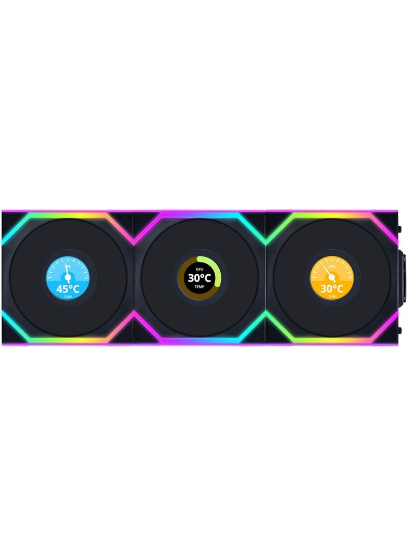 ليان لي مروحة UNI FAN SL اللاسلكية لهيكل الكمبيوتر، مقاس 120 مم، بتدفق هواء عكسي، ARGB، سلسلة مغناطيسية، منطقتان RGB، 300-1900 دورة في الدقيقة، 58.08 قدم مكعب في الدقيقة، 29.5 ديسيبل، محمل FDB، شاشة LCD بمنفذ USB، لون أسود | 12RSLLCD1W3B - Image 1