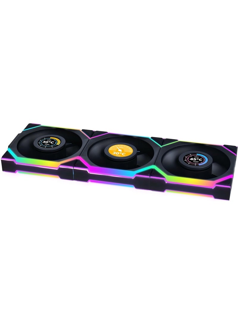 ليان لي مروحة UNI FAN SL اللاسلكية لهيكل الكمبيوتر، مقاس 120 مم، بتدفق هواء عكسي، ARGB، سلسلة مغناطيسية، منطقتان RGB، 300-1900 دورة في الدقيقة، 58.08 قدم مكعب في الدقيقة، 29.5 ديسيبل، محمل FDB، شاشة LCD بمنفذ USB، لون أسود | 12RSLLCD1W3B - Image 2